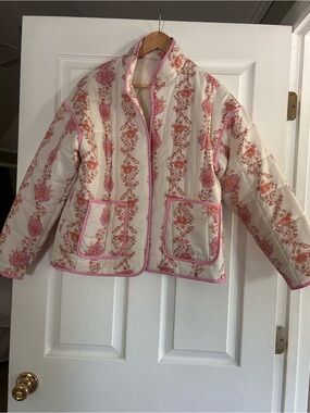 Cream Floral Quilted Puffer Jacket with Pink Trim